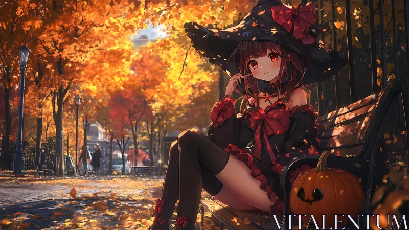 Cozy witch girl enjoys a golden autumn evening in the park