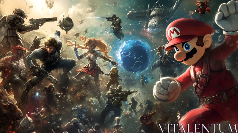 Epic crossover battle with Mario leading cosmic charge.