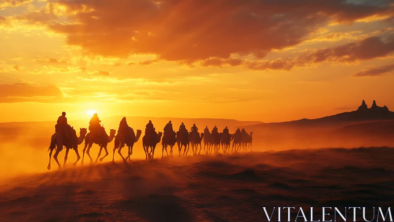 Camel caravan silhouetted in desert dust under vivid sunset sky