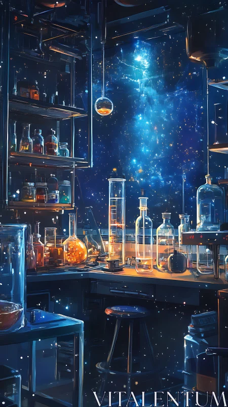 Laboratory workstation filled with glassware against starry space