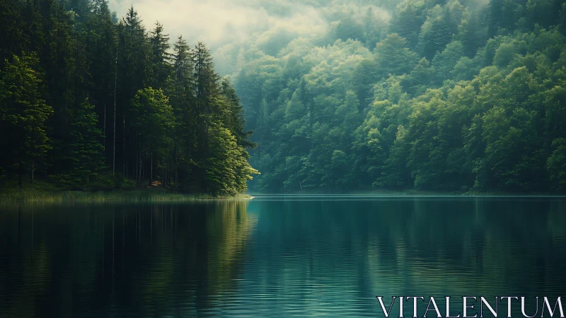 Forested Lake with Coniferous Trees and Water Reflection.