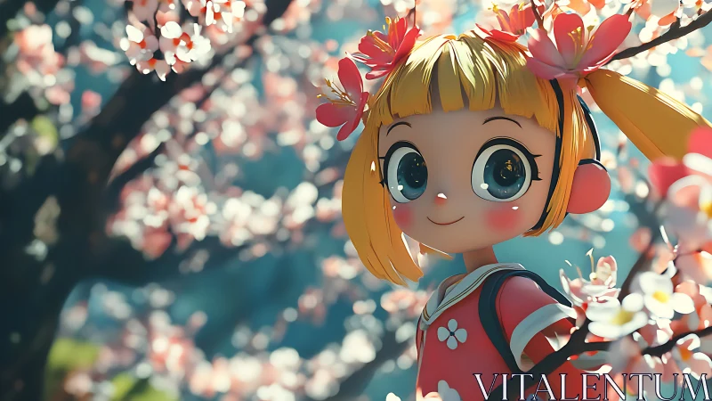 Anime girl with blossoms in soft spring garden scene.