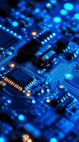 Close-up view of illuminated blue printed circuit board.