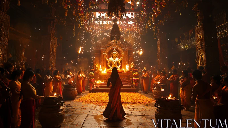 Ember-bright temple worship swirling around golden deity.