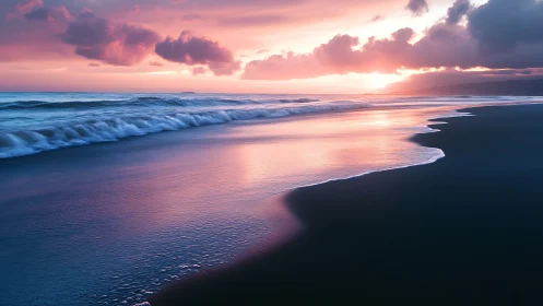 Photorealistic shoreline at dusk with reflective tidal plane.