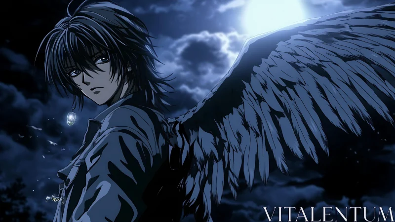 Midnight winged loner broods beneath a restless moonlit sky.