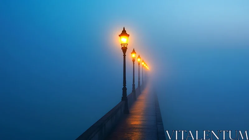 Foggy boardwalk with aligned streetlamps at blue twilight.