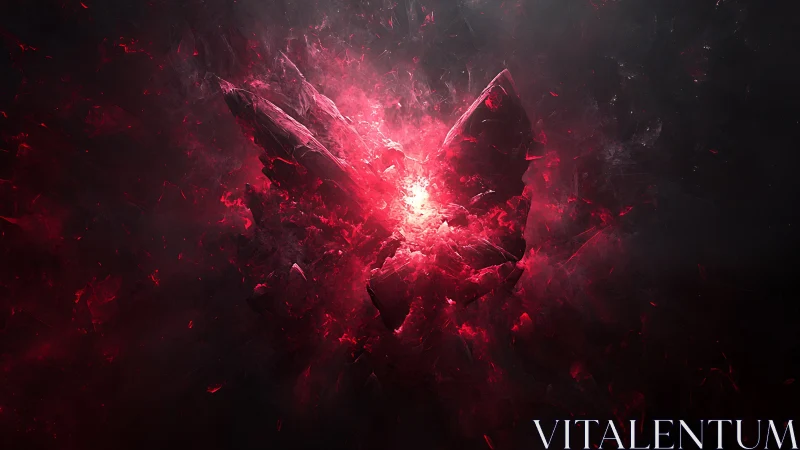 Crimson crystal core exploding through dark cosmic void.