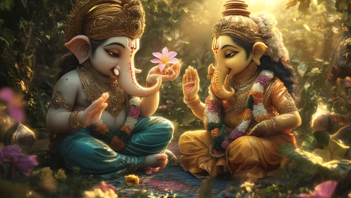 Digital painting of childlike Ganesha figures in luminous grove.