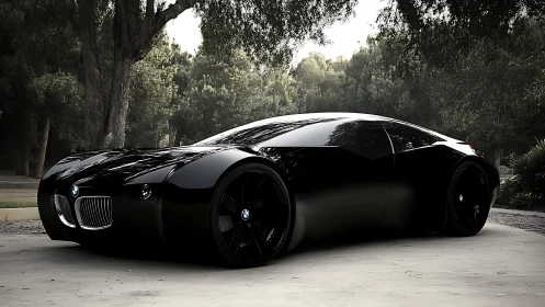 Sleek black BMW concept sports car under shaded trees.