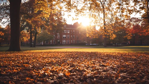 Sunlit college lawn frames historic brick campus building