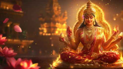 Golden goddess of calm abundance in a glowing lotus realm.
