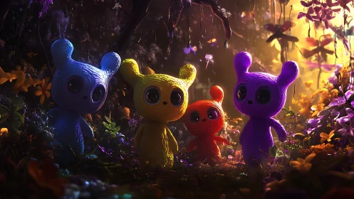 Colorful glowing creatures explore a dreamlike forest realm.