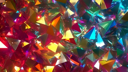 Multicolored refractive polygonal crystal cluster surface.
