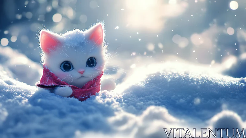 White Kitten in Winter Wonderland with Pink Scarf.