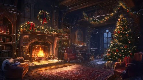 Christmas hearth glows inside snowy Victorian library.