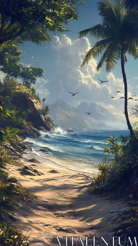 Tropical Beach Vista with Volcano and Flying Birds.