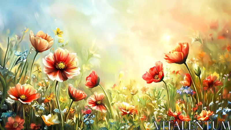 Red and white daisies bloom in sunlit meadow with soft bokeh background