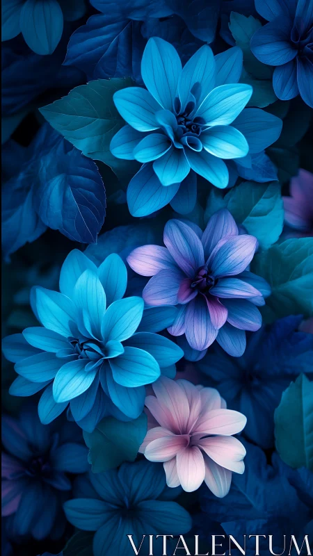 Neon Dahlias in Midnight Blue: Electric Blooms Awakening.