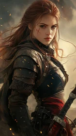 Fearless warrior heroine standing strong in glowing embers.