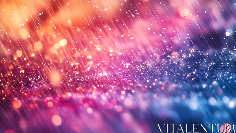 Glittering neon rain falls over a dreamy bokeh landscape