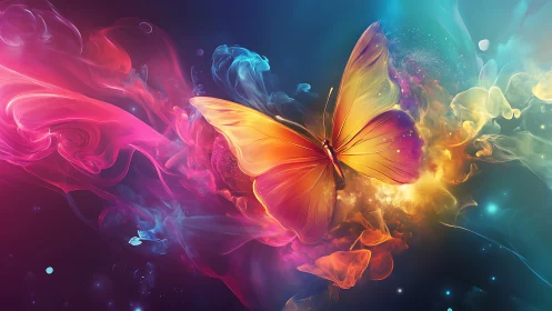 Butterfly glows amid multicolored nebula-like swirling light