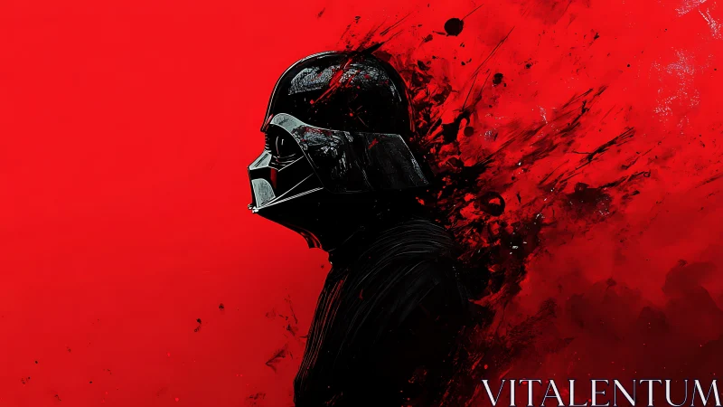 Profile of armored figure on red abstract splattered field.