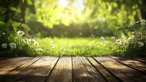 Sunlit garden threshold with daisies and weathered wood.