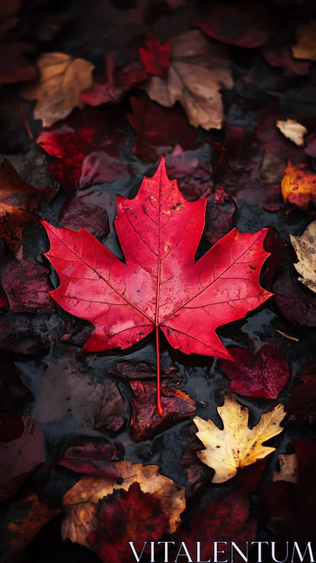 Scarlet maple leaf rests among wet autumn foliage.