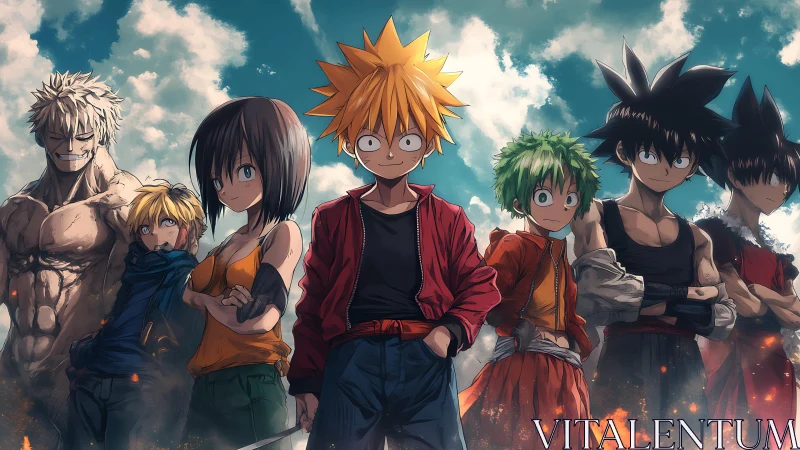 Anime hero ensemble under dynamic cloudlit sky in widescreen