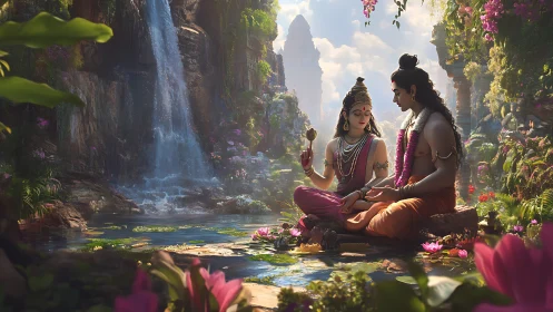 Sacred couple share quiet wisdom beside a sunlit waterfall