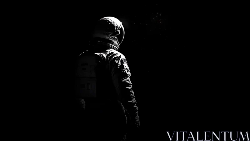 Solitary astronaut silhouette in deep cosmic darkness.