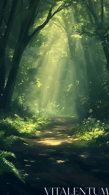 Sunlit forest path with tall trees and luminous atmospheric conditions