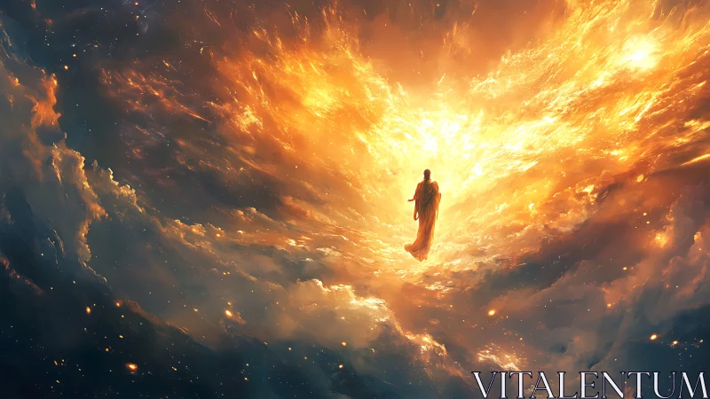 Lone robed figure ascends through blazing celestial gateway