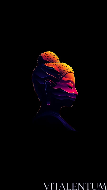 Neon gradient Buddha profile glows in tranquil darkness