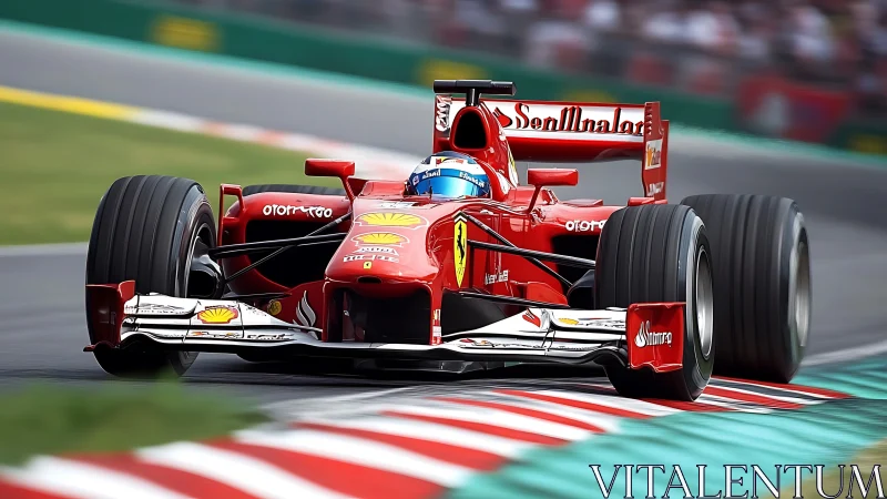 Red Formula 1 car powers through fast circuit corner