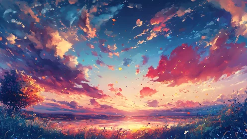 Sunset clouds in luminous anime-style coastal landscape.