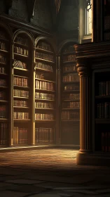 Sunlit shelves line a tall vaulted stone library wall