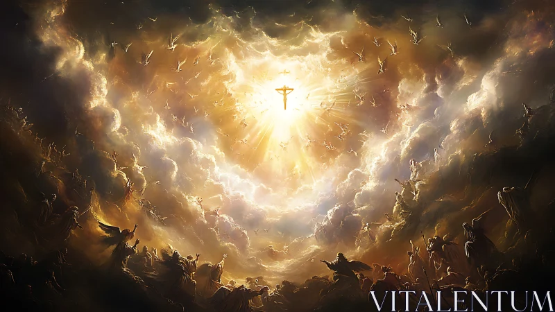 Radiant heavenly sky swirling with angels and rising light.