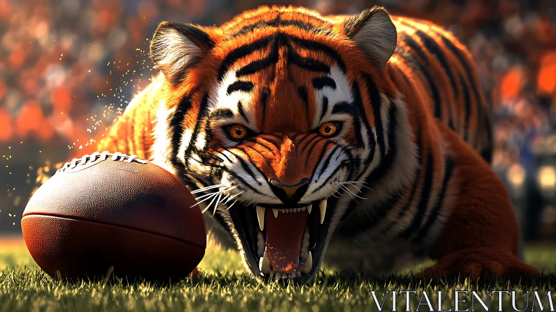 Hyperreal 3D tiger lunges beside textured football under stadium light