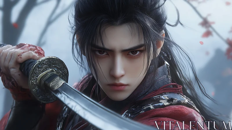 Swordsman with drawn katana stares forward in misty forest