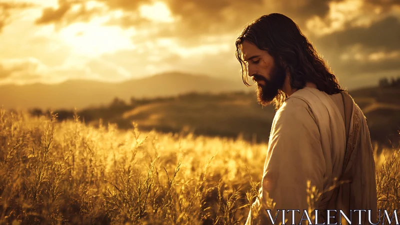 Golden-hour wanderer bows quietly beneath a wheatlit sky