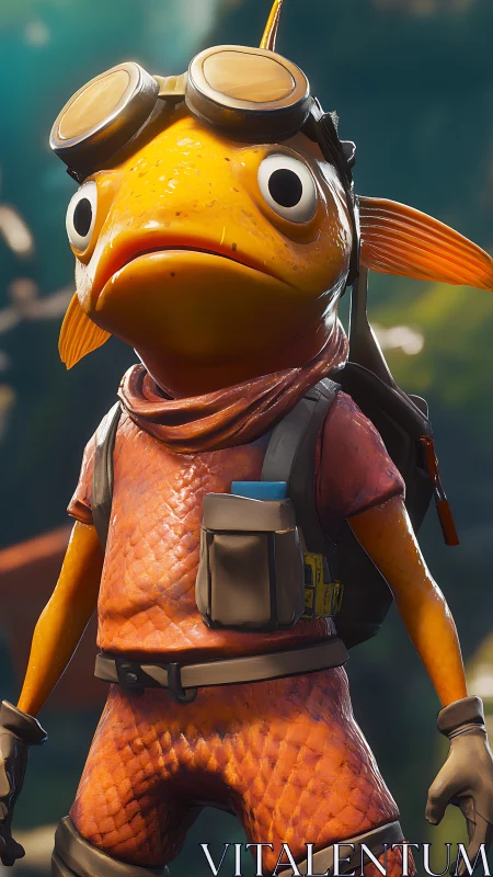 Brave fish adventurer ready for quirky forest quests.