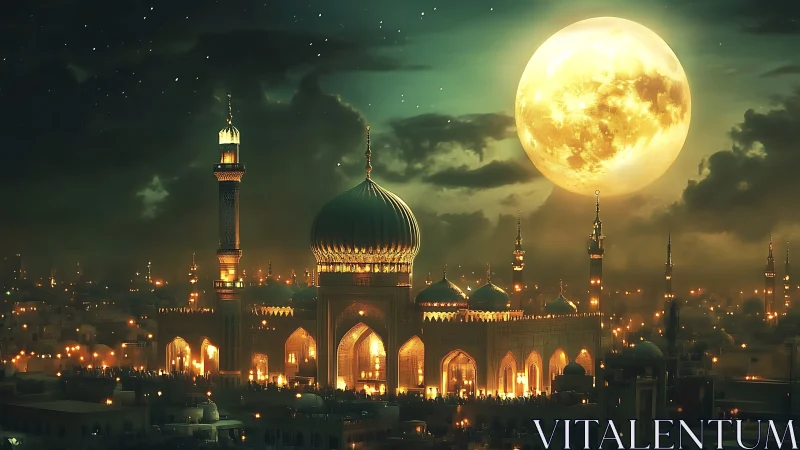 Moonlit domes above a glowing golden mosque at night.