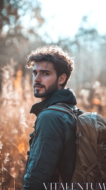 Backlit wilderness hiker turning toward soft golden light.
