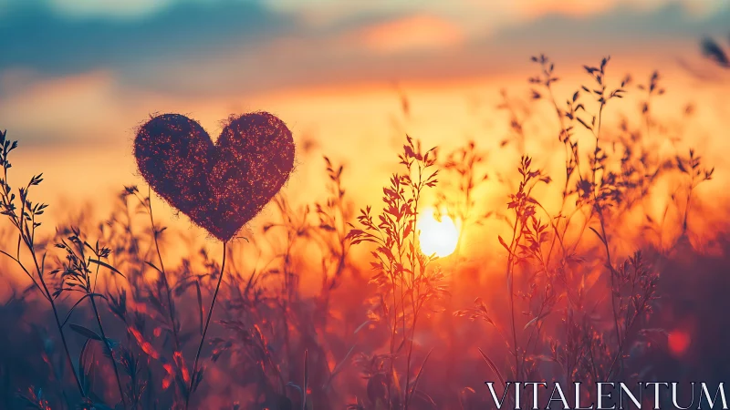 Heart silhouette positioned in field with sunset illumination.