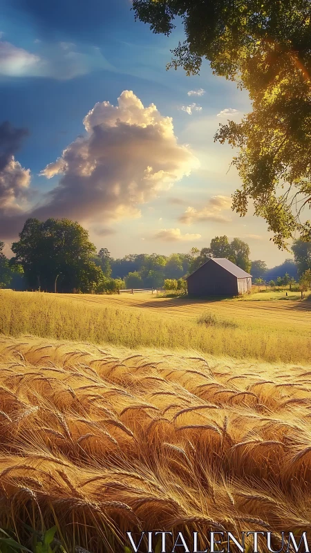 Golden barley field at sunset with barn and cumulus cloudbank