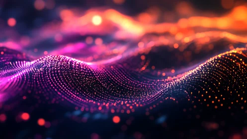 Glowing neon data waves flow across a luminous digital landscape