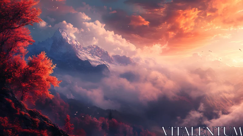 Spectral alpine ridge with incandescent nebular cloudfields.