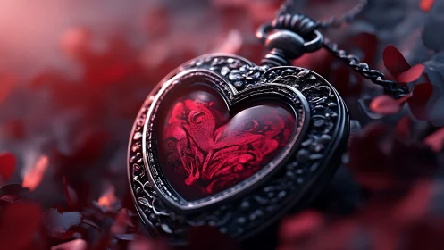 Ornamental heart locket with red luminescent interior design.